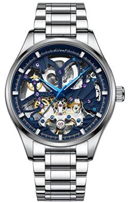 TEINTOP Uhren für Herren Automatik Skelett Armbanduhren mit Stahlarmband (Blau) von TEINTOP
