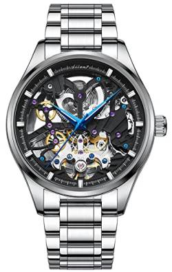 TEINTOP Uhren für Herren Automatik Skelett Armbanduhren mit Stahlarmband (Silber Schwarz) von TEINTOP