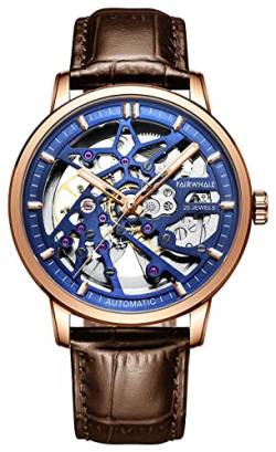 TEINTOP Uhren für Herren Automatik Skelett Uhr Männer Mechanische Leder Armbanduhr (Roségold Blau) von TEINTOP