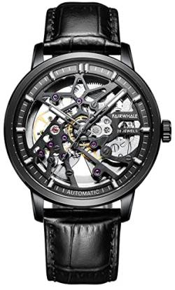 TEINTOP Uhren für Herren Automatik Skelett Uhr Männer Mechanische Leder Armbanduhr (Schwarz) von TEINTOP