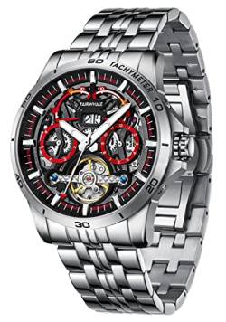 TEINTOP Uhren für Herren Automatik Skelett Uhr Männer Multifunktions Armbanduhren (Silber Rot) von TEINTOP