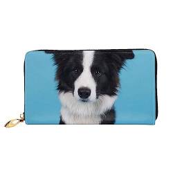 Border Collie bedruckte Leder-Geldbörse mit Reißverschluss für Damen, Damen, mit Reißverschluss, Clutch, Handgelenk, Reisen, lange Geldbörse, Schwarz, Einheitsgröße, minimalistisch, Schwarz , von TEMKIN