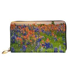 Texas Bluebonnets Landschaft Bedruckte Leder Lange Geldbörse mit Reißverschluss für Damen, Frauen Reißverschluss um Clutch Handgelenk Reise Lange Geldbörse, Schwarz, Einheitsgröße, Minimalistisch, von TEMKIN