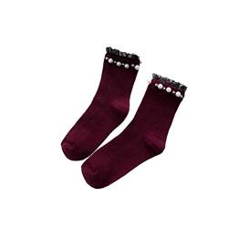 TENDYCOCO Frauen Socken Baumwolle Süße Socken Rüschen Socken Spitzen Socken mit Perlen Einfarbig von TENDYCOCO