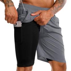 TENJOY Herren 2 in 1 Laufshorts 17,8 cm Schnell trocknende Fitness-Sport-Workout-Shorts mit Handytasche Dunkelgrau L von TENJOY