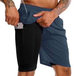 TENJOY Herren 2 in 1 Laufshorts 17,8 cm Schnell trocknende Fitness-Sport-Workout-Shorts mit Handytasche Marineblau S von TENJOY