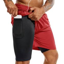 TENJOY Herren 2 in 1 Laufshorts 17,8 cm Schnell trocknende Fitness-Sport-Workout-Shorts mit Handytasche Rot M von TENJOY