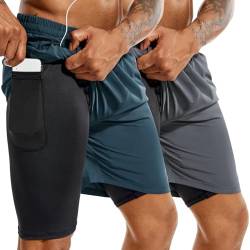 TENJOY Herren 2 in 1 Laufshorts 5 Zoll, schnell trocknende Gym Sport Workout Shorts mit Handytasche Dunkelblau + Grau XXL von TENJOY