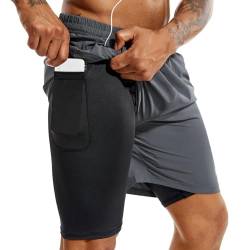 TENJOY Herren 2 in 1 Laufshorts 5 Zoll, schnell trocknende Gym Sport Workout Shorts mit Handytasche Dunkelgrau XXL von TENJOY