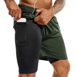 TENJOY Herren 2 in 1 Laufshorts 5 Zoll, schnell trocknende Gym Sport Workout Shorts mit Handytasche Grün L von TENJOY