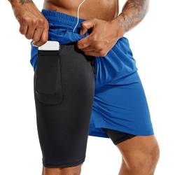 TENJOY Herren 2 in 1 Laufshorts 5 Zoll, schnell trocknende Gym Sport Workout Shorts mit Handytasche Königsblau L von TENJOY