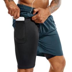 TENJOY Herren 2 in 1 Laufshorts 5 Zoll, schnell trocknende Gym Sport Workout Shorts mit Handytasche Marineblau S von TENJOY