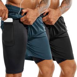 TENJOY Herren 2 in 1 Laufshorts 5 Zoll, schnell trocknende Gym Sport Workout Shorts mit Handytasche Schwarz + Dunkelblau S von TENJOY