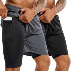 TENJOY Herren 2 in 1 Laufshorts 5 Zoll, schnell trocknende Gym Sport Workout Shorts mit Handytasche Schwarz + Grau M von TENJOY