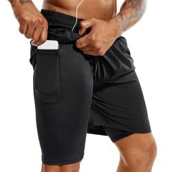 TENJOY Herren 2 in 1 Laufshorts 5 Zoll, schnell trocknende Gym Sport Workout Shorts mit Handytasche Schwarz XL von TENJOY