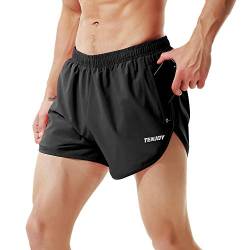 TENJOY Herren Laufshorts Gym Athletic Workout Shorts für Männer 7,6 cm Sportshorts mit Reißverschlusstasche Schwarz L von TENJOY