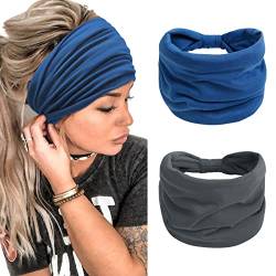 Haarband Damen Extra Breit Stirnband Boho Haarbänder Yoga Knot Stirnbänder Sport Elastische Haarschmuck （Blau + Dunkelgrau von TERSE