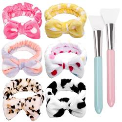 TERSE Haarband Schminken Damen Mädchen Bowknot Kosmetik Stirnband mit 2 Stück Silikon Maskenpinsel Süße Korallenrot Fleece für SPA Waschen Gesicht, 6 Stück von TERSE