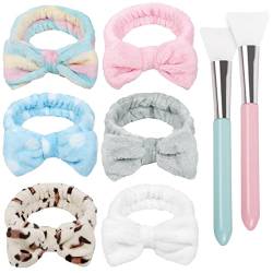 TERSE Haarband Schminken Damen Mädchen Bowknot Kosmetik Stirnband mit 2 Stück Silikon Maskenpinsel Weich Korallenrot Fleece für SPA Waschen Gesicht, 6 Stück von TERSE