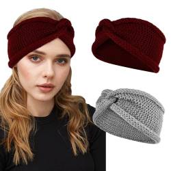 TERSE Winter Stirnbänder für Frauen, 2 Stück Elastische Mode Haarband Ohrwärmer, BreitTurban Gestrickt Verdicken Headwrap Kopfband für Frauen Mädchen Skifahren von TERSE