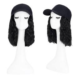 TESS Extensions mit Baseball Cap 20 cm, Naturschwarz Cap mit Haaren Damen Kurz Gewellt, Verstellbar, Mottoparty, Karneval Hat Perücken für Frauen Mütze mit Haaren von TESS