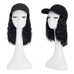 TESS Extensions mit Baseball Cap 20 cm, Schwarz Cap mit Haaren Damen Kurz Gewellt, Verstellbar, Mottoparty, Karneval Hat Perücken für Frauen Mütze mit Haaren von TESS