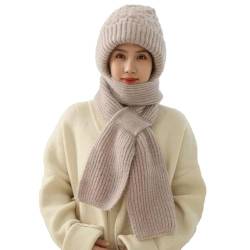 TETGSET Integrierter Gehörschutz Winddichte Mütze Schal, Winddichter Damen Winterverdickungs Gehörschutz Mützenschal, 2 in 1 Maskenschal Strickmütze (Beige,one Size) von TETGSET