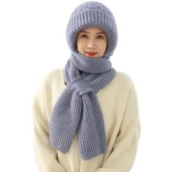 TETGSET Integrierter Gehörschutz Winddichte Mütze Schal, Winddichter Damen Winterverdickungs Gehörschutz Mützenschal, 2 in 1 Maskenschal Strickmütze (Gray,one Size) von TETGSET