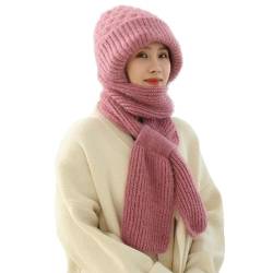 TETGSET Integrierter Gehörschutz Winddichte Mütze Schal, Winddichter Damen Winterverdickungs Gehörschutz Mützenschal, 2 in 1 Maskenschal Strickmütze (Pink,one Size) von TETGSET