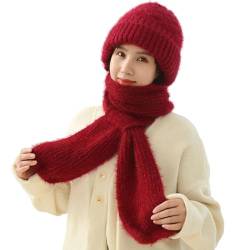 TETGSET Integrierter Gehörschutz Winddichte Mütze Schal, Winddichter Damen Winterverdickungs Gehörschutz Mützenschal, 2 in 1 Maskenschal Strickmütze (Red,one Size) von TETGSET