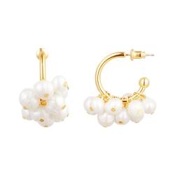 Perlen Ohrringe Gold, Perlen Creolen 18K Vergoldet mit Süsswasser Perlen, Ohrringe Damen Gold für Frauen & Mädchen von TEZCRT