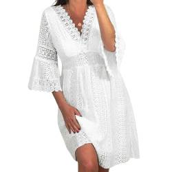 TEidea Weißes Kleid Weißes Weißes Spitzenkleid Von Frauen, V-Ausschnitt Hohler Spitzenwellenhülsenstil, Weiße Kleider, Retro-Strandstil-Weiß-L von TEidea