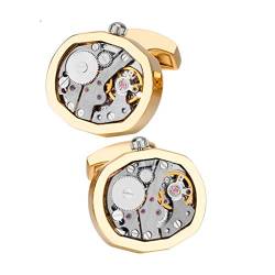 Manschettenknöpfe mit kleinem Uhrwerk für Herren-Hemdmanschettenknöpfe, ovales Manschettenknopf-Design (Gold A) von TEmkin