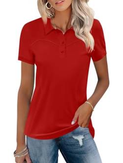 TFSDOD Damen-Golf-Polo-Shirt, Kragen, kurzärmelig, leicht, feuchtigkeitsableitend, lässig, 3 Knöpfe, Outfits, Rot/Ausflug, einfarbig (Getaway Solids), Mittel von TFSDOD