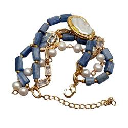 TGGOHIGH Armbänder 4 Stränge kultivierte weiße Perle blau Kyanit Cz Kette Statement-Armband Hiphop for Frauen (Color : Blue) von TGGOHIGH