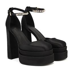 THESHY Damen Plateauschuhe mit hohem Blockabsatz, Knöchelriemen, Schnallen, Keilabsatz, modische Schuhe für Frauen, schwarz, 39 EU von THESHY