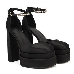 THESHY Damen Plateauschuhe mit hohem Blockabsatz, Knöchelriemen, Schnallen, Keilabsatz, modische Schuhe für Frauen, schwarz, 40 EU von THESHY
