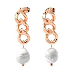 THIORA Damen Kettenglieder Perlenohrringe | Premium Edelstahl | Kettenohrringe Perle Frauen | Ohrstecker | Statement Schmuck (Rosegold) von THIORA