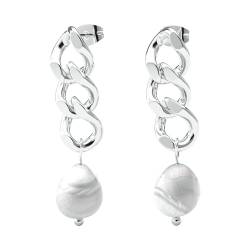 THIORA Kettenglieder Ohrringe mit Perle Damen | Premium Edelstahl | Kettenohrringe | Perlenohrring Frauen | Ohrstecker | Statement Schmuck (Silber) von THIORA