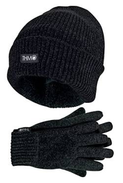 THMO - Damen Thinsulate Fleecefutter Mütze Handschuhe Set für Extreme Kälte (Einheitsgröße, Schwarz) von THMO
