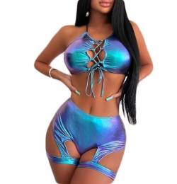 THSCWY Damen 2-teilige Badeanzug Metallic Rave Outfits Halter Sexy Tops Shorts Strumpfband Dessous Set Strand glänzend Bikini Set Blau von THSCWY