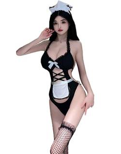 THSCWY Sexy Dienstmädchen-Outfit für Frauen, Maid Bodysuit Cosplay Rollenspiel Spitzenbesatz Bandage Freche Schürze Dessous Sets von THSCWY