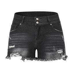 THUNDER STAR Damen-Jeans-Shorts, mittelhohe Taille, zerrissen, dehnbar, ausgefranst, roher Saum, lässige Denim-Shorts, Schwarz-sb2, 48 von THUNDER STAR