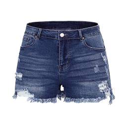 THUNDER STAR Damen Jeans Shorts mit mittelhoher Taille, gerissene Stretch-Jeans mit ausgefranstem Saum - Blau - 48 von THUNDER STAR