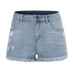 THUNDER STAR Zerrissene Jeans-Shorts für Damen, mittelhohe Taille, ausgefranster Saum, dehnbare Denim-Shorts, Hellblau 2, 48 von THUNDER STAR