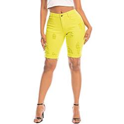 Thunder Star Damen-Bermuda-Shorts aus Denim, mittellang, kurze Jeans, ausgefranster Saum - Gelb - Groß von THUNDER STAR