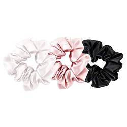 THXSILK Haar Seiden Haargummis Elastische Haarbänder Haargummis Pferdeschwanz Seile für Frauen Haarschmuck (Schwarz-Weiß-Bezauberndes Rosa-3Pack) von THXSILK