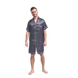 THXSILK Herren Schlafanzug Kurz aus Seide 19 Momme Seidennachtwäsche Zweiteiliges Pyjama Set Knopf runter (Rauchgrau, XS) von THXSILK