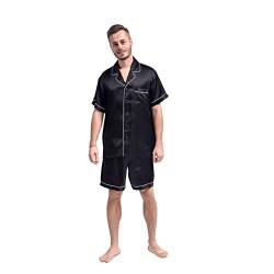 THXSILK Herren Schlafanzug Kurz aus Seide 19 Momme Seidennachtwäsche Zweiteiliges Pyjama Set Knopf runter (Schwarz, M) von THXSILK