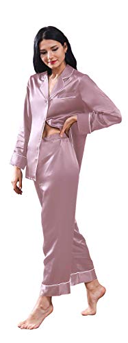 THXSILK Seide Pyjama Set Damen Schlafanzug Lang aus 100% Seide 19 Momme V-Ausschnitt Zweiteiliges Nachtwäsche Langarm (Dunkles Lotusrosa, XL) von THXSILK